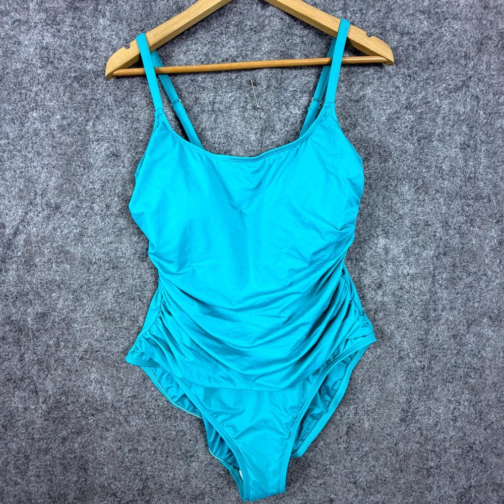 La Blanca Island Goddess One Piece Swimsuit Womens 16W Blue Shirred Scoop Neck